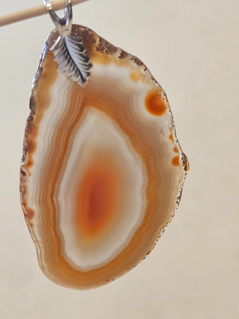 Polished Agate Geode Pendant with .925 Silver Leaf Bale - Orange, White
